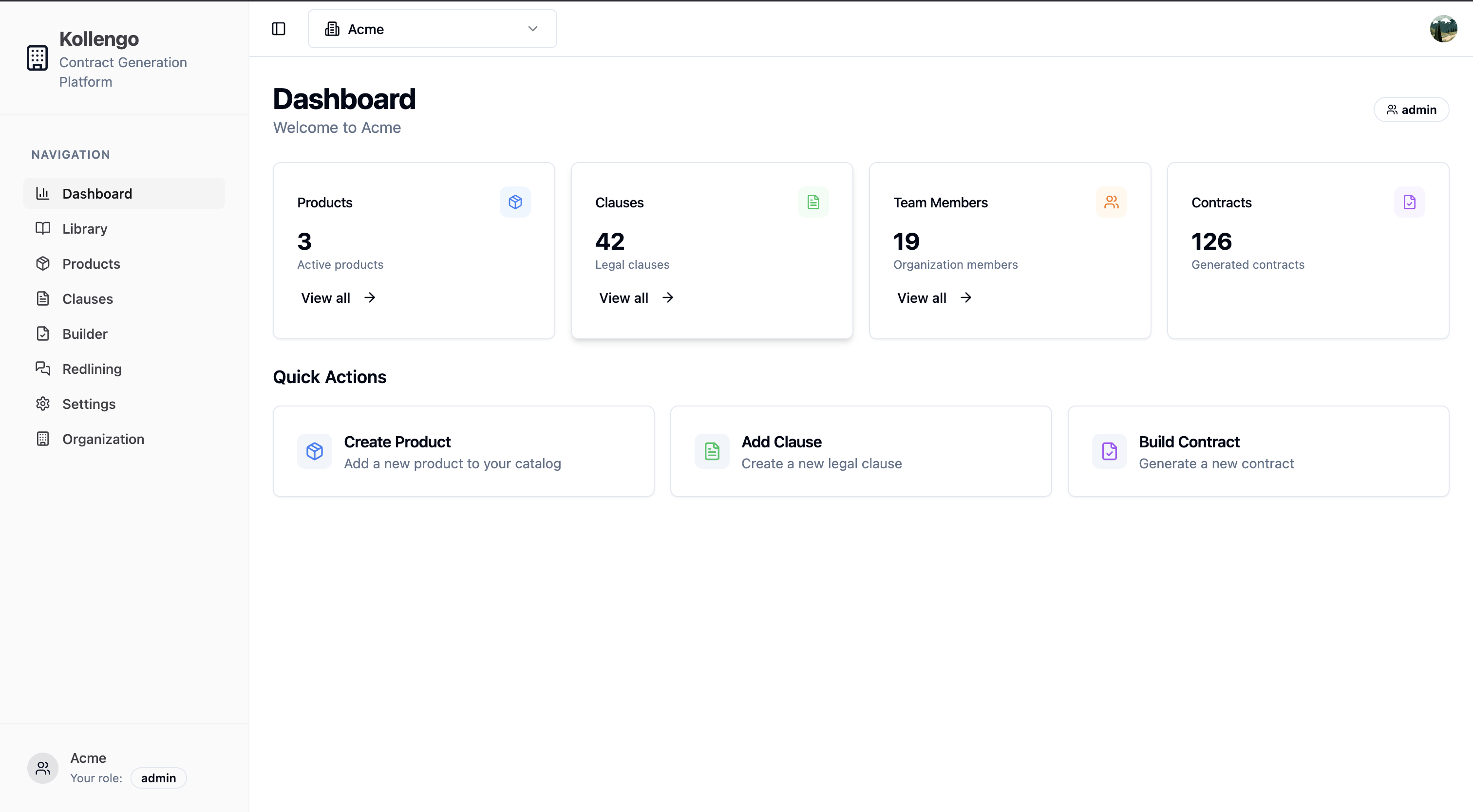 Kollengo Dashboard - Overview of contract management platform