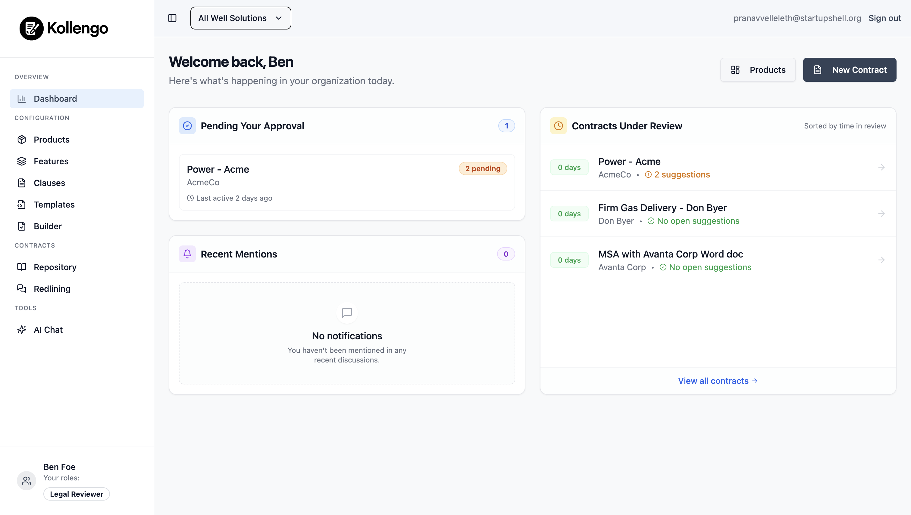 Kollengo Dashboard - Overview of contract management platform
