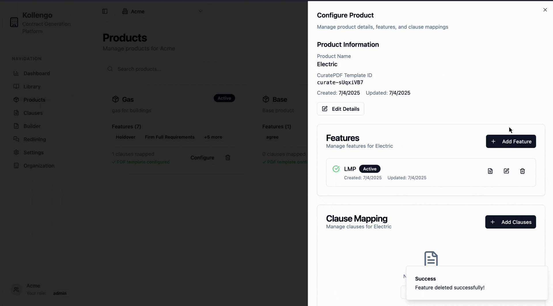 Configure products and map to clauses in Kollengo
