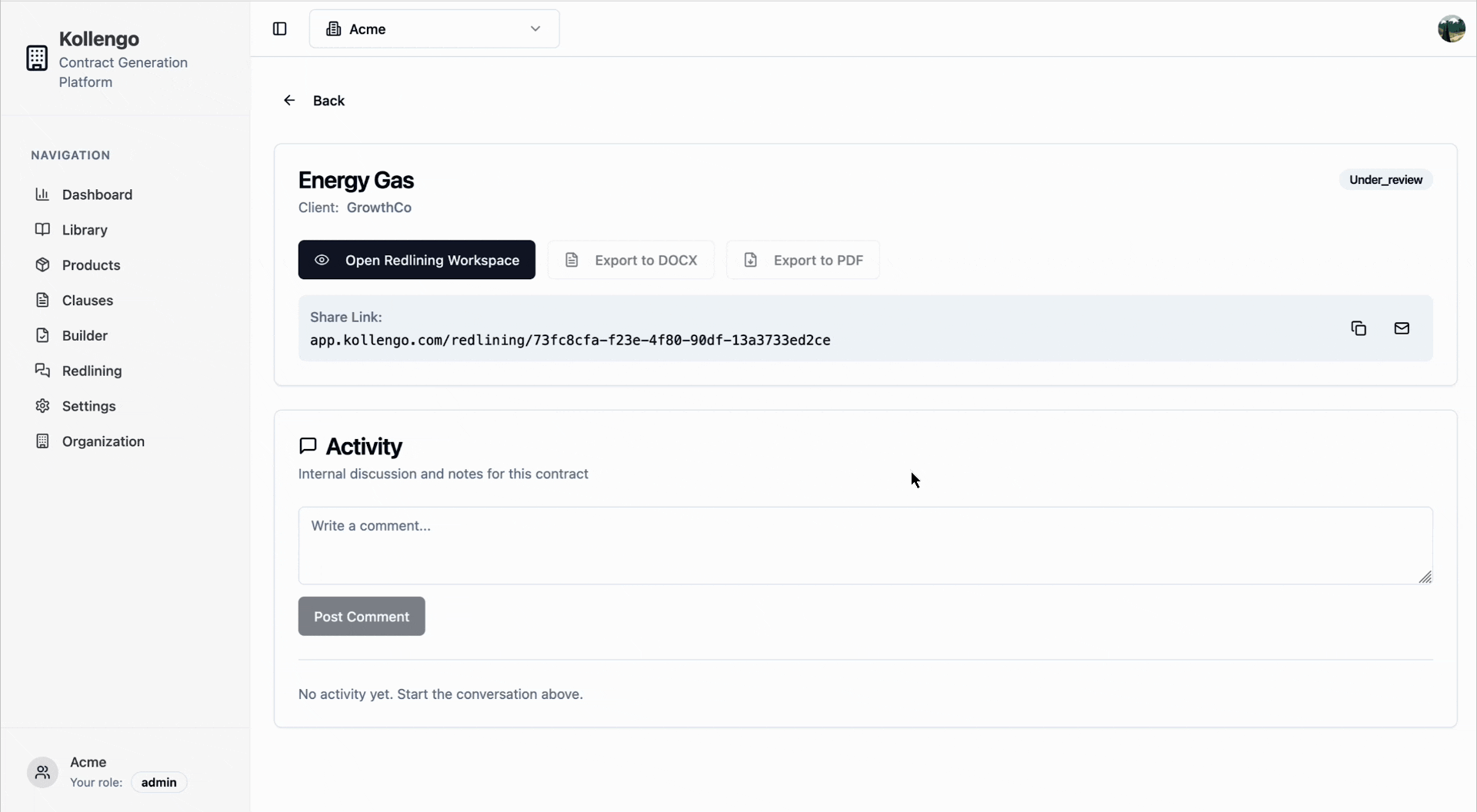 Share and collaborate with live redlining in Kollengo